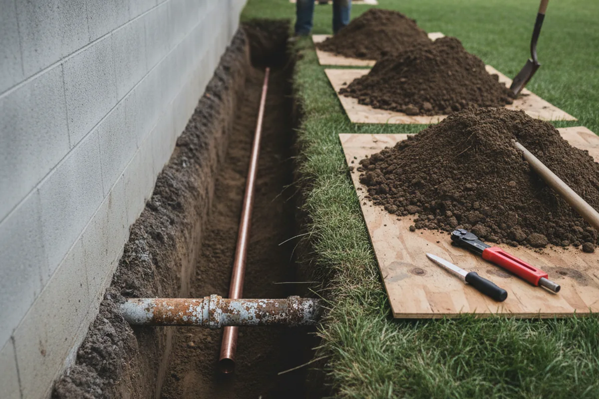 Excavated water line trench during Water Heater Repair in Toccoa